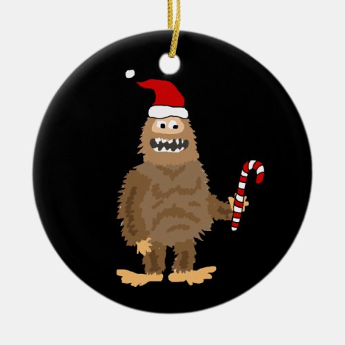 Funny Bigfoot in Santa hat Christmas Cartoon Ceramic Ornament