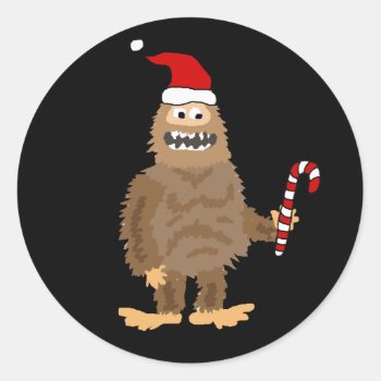 Funny Bigfoot In Santa Hat Christmas Cartoon Classic Round Sticker by ChristmasSmiles at Zazzle