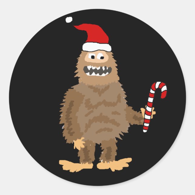 Funny Bigfoot in Santa hat Christmas Cartoon Classic Round Sticker (Front)