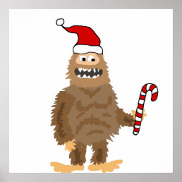 Funny Bigfoot in Santa hat Christmas Cartoon Poster