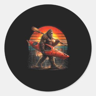 Funny bigfoot kayaking retro sunset sasquatch classic round sticker