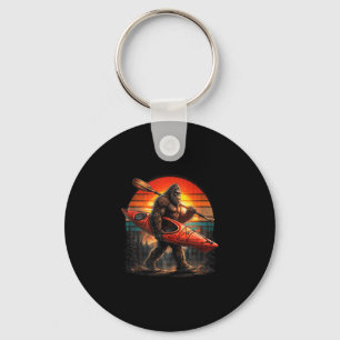 Funny bigfoot kayaking retro sunset sasquatch keychain