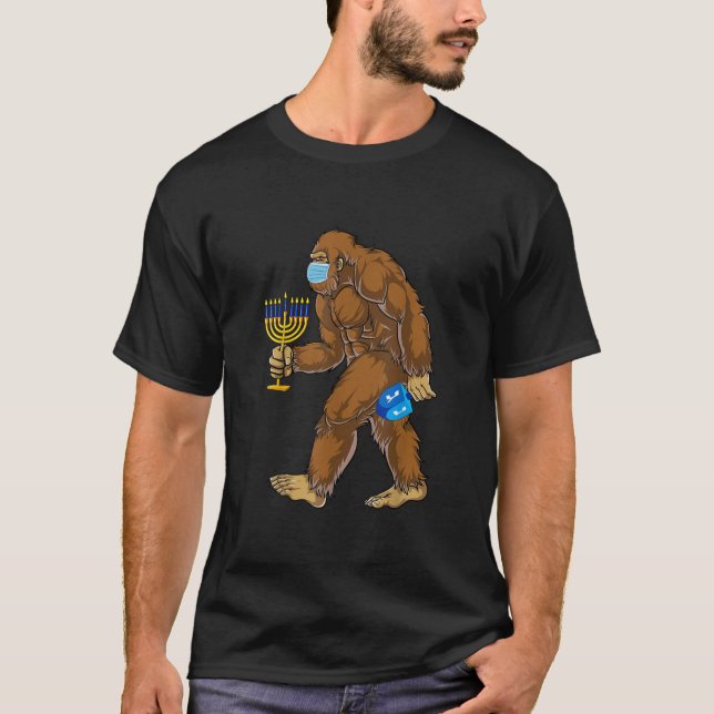 Funny Bigfoot Mask Menorah Hanukkah Quarantine  T-Shirt (Front)