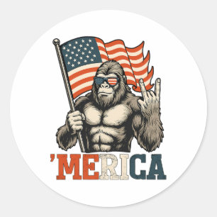 Funny Bigfoot Merica Rock Usa Flag Patriotic 4th O Classic Round Sticker