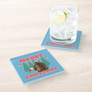 Funny Bigfoot - Merry Christmas Glass Coaster