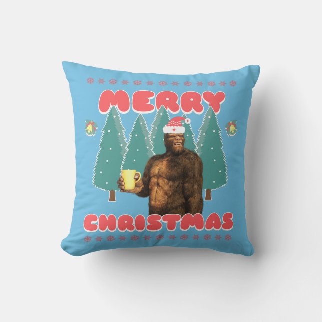 Funny Bigfoot - Merry Christmas Throw Pillow (Front)