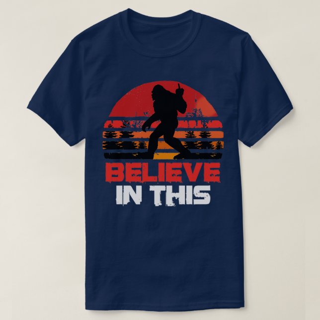 Funny Bigfoot Middle Finger Believe in This Sunset T-Shirt (Design Front)