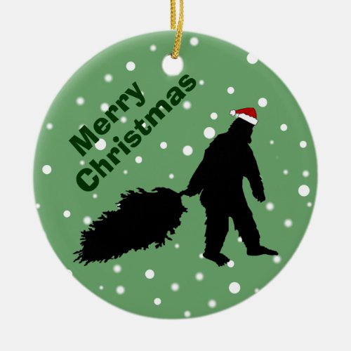 Funny Bigfoot Pulling Christmas Tree Ornament