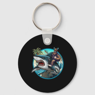 Funny Bigfoot Riding A Shark _ Hilarious Sasquatch Keychain