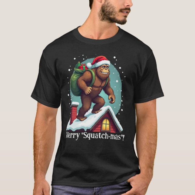 Funny Bigfoot Santa Rooftop Tee Merry Squatchmas (Front)
