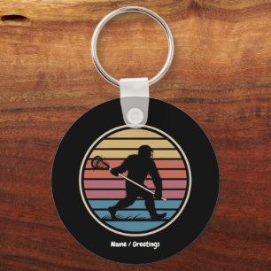 Funny Bigfoot Sasquatch Lacrosse Vintage Sunset Keychain