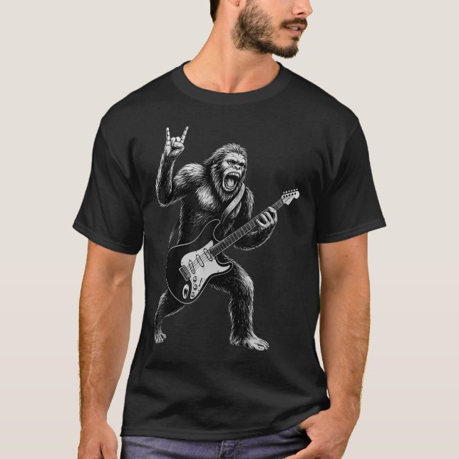 Funny Bigfoot Sasquatch Playing Guitar Rock And Ro T-Shirt (Front)