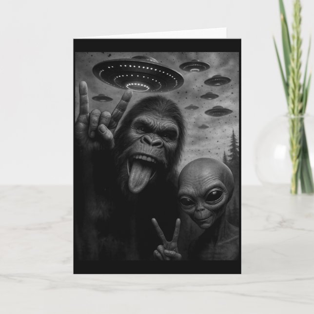 Funny Bigfoot Selfie With Alien Sasquatch Rock On  Card (Front)