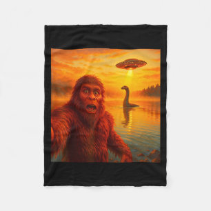 Funny Bigfoot Selfie With Loch Ness Monster And Uf Fleece Blanket