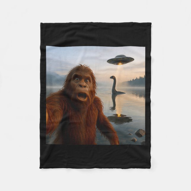 Funny Bigfoot Selfie With Loch Ness Monster And Uf Fleece Blanket (Front)