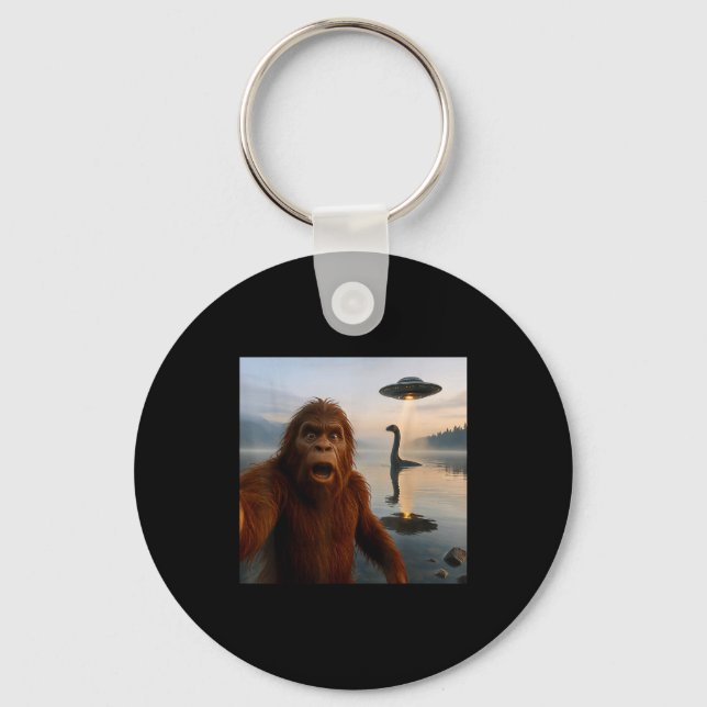 Funny Bigfoot Selfie With Loch Ness Monster And Uf Keychain (Front)