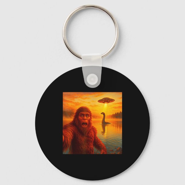 Funny Bigfoot Selfie With Loch Ness Monster And Uf Keychain (Front)
