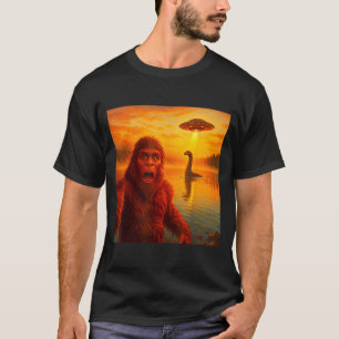 Funny Bigfoot Selfie With Loch Ness Monster And Uf T-Shirt