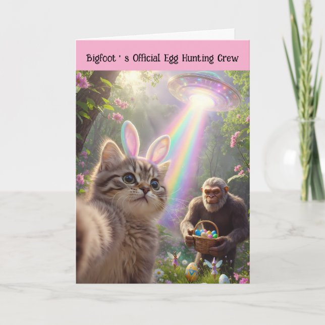 Funny Bigfoot UFO Easter Cute Kitten Selfie  Holiday Card (Front)
