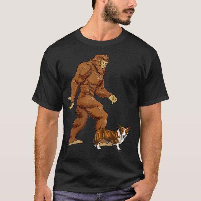 Funny Bigfoot Walking Cardigan Welsh Corgi Sasquat T-Shirt (Front)