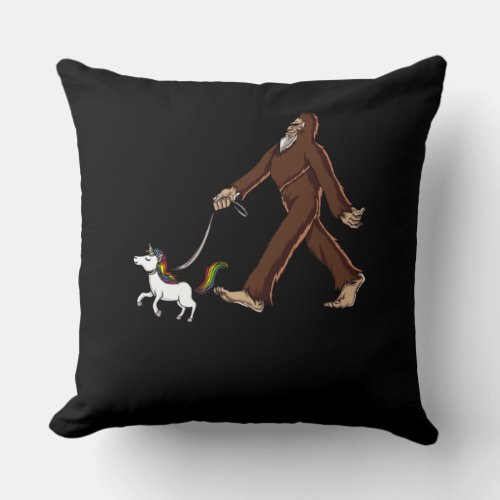 Funny Bigfoot Walking Magical Unicorn Throw Pillow