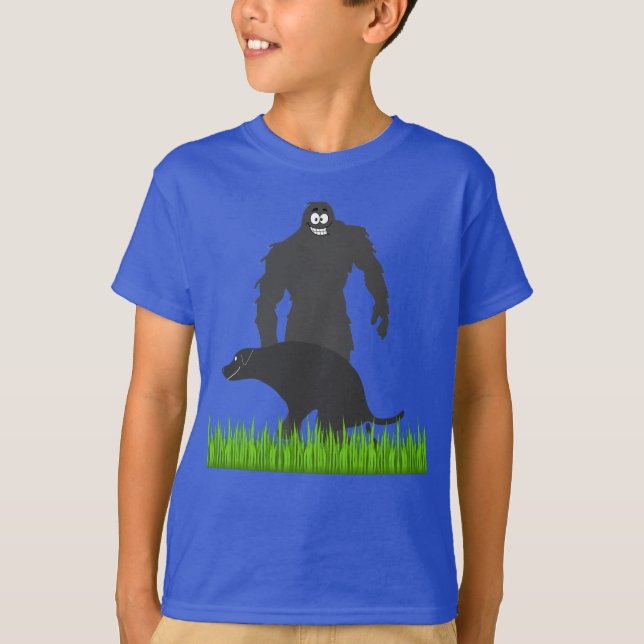 Funny Bigfoot walking the Dog T-Shirt (Front)