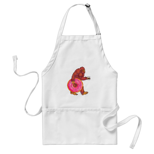 Funny Bigfoot Walking with Large Donut and Coffee Adult Apron (Front)
