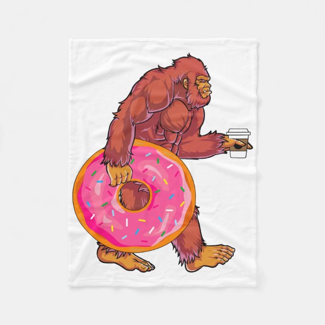Funny Bigfoot Walking with Large Donut and Coffee Fleece Blanket (Front)