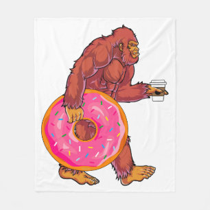 Funny Bigfoot Walking with Large Donut and Coffee Fleece Blanket