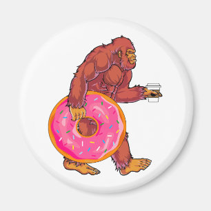 Funny Bigfoot Walking with Large Donut and Coffee Magnet