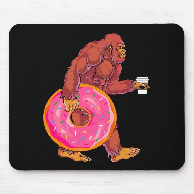 Funny Bigfoot Walking with Large Donut and Coffee Mouse Pad (Front)