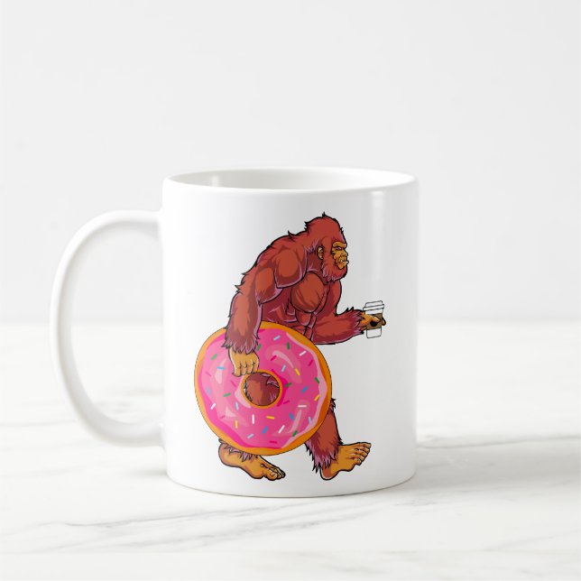 Funny Bigfoot Walking with Large Donut and Coffee Mug (Left)