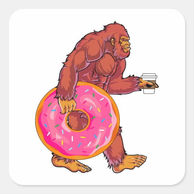 Funny Bigfoot Walking with Large Donut and Coffee Square Sticker (Front)