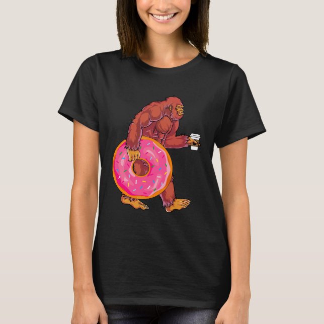 Funny Bigfoot Walking with Large Donut and Coffee T-Shirt (Front)