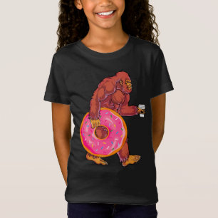 Funny Bigfoot Walking with Large Donut and Coffee T-Shirt