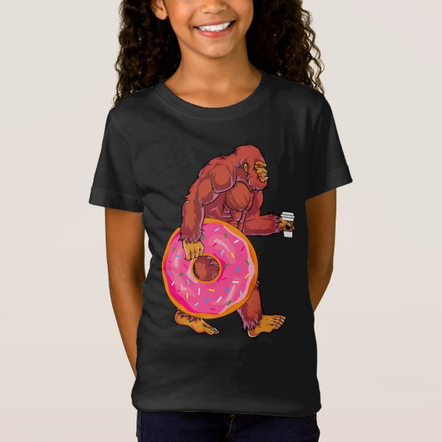 Funny Bigfoot Walking with Large Donut and Coffee T-Shirt (Front)
