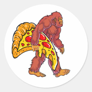 Funny Bigfoot Walking with Large Pizza Slice Classic Round Sticker