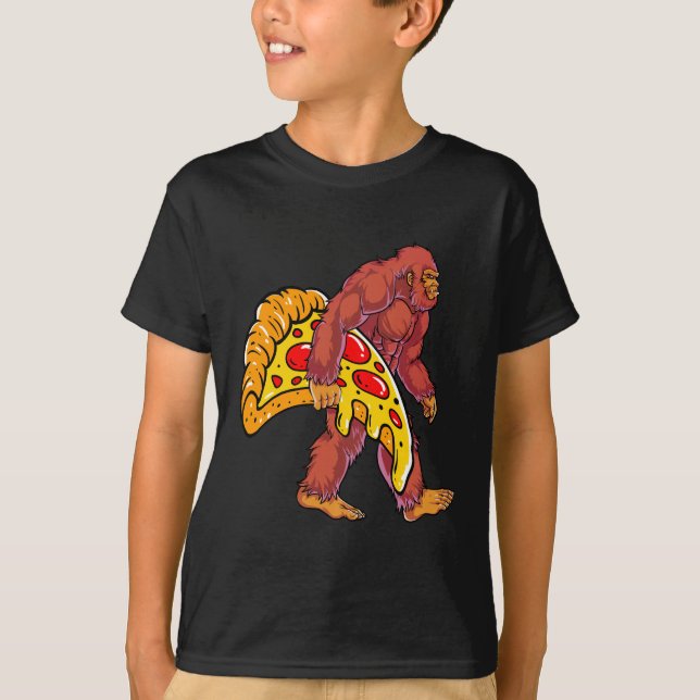 Funny Bigfoot Walking with Large Pizza Slice T-Shirt (Front)