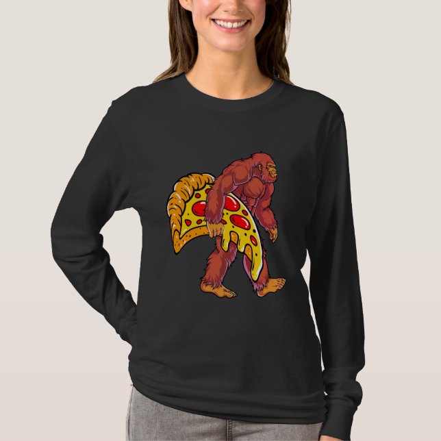 Funny Bigfoot Walking with Large Pizza Slice T-Shirt (Front)