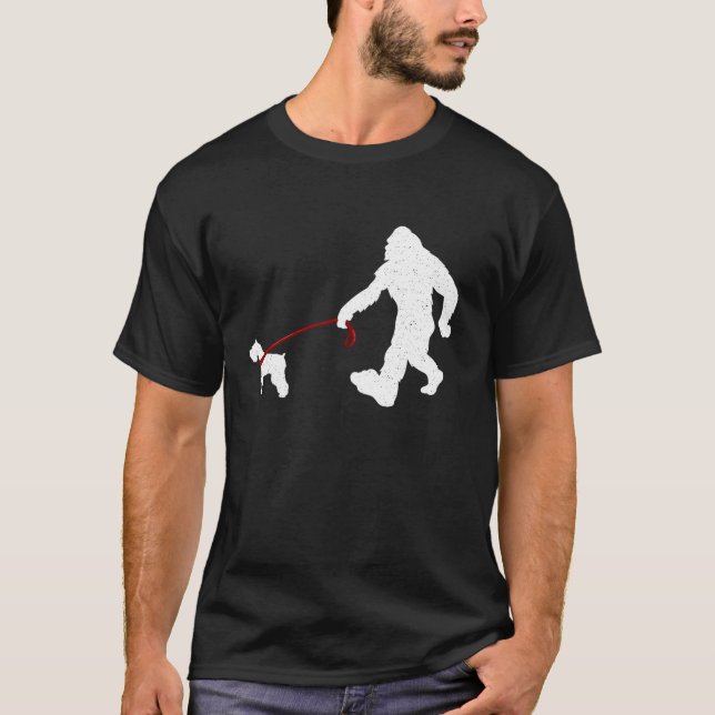 Funny Bigfoot Walking With Schnauzer Dog Gifts T-Shirt (Front)