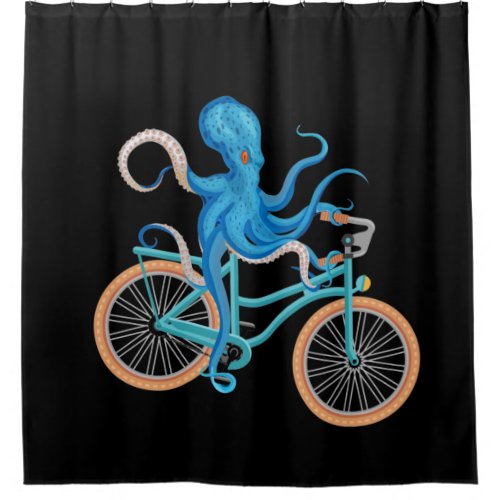 Funny Bike Riding Under The Sea Octopus Black Shower Curtain