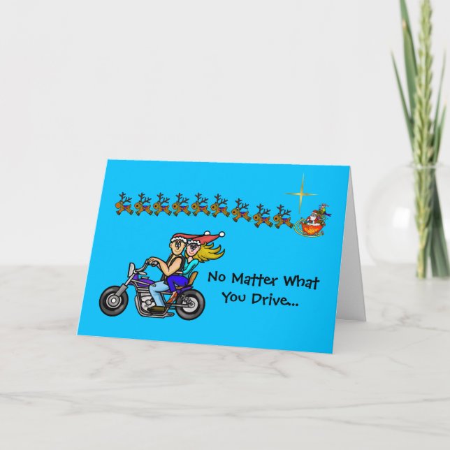 Funny Biker Couple Santa Sleigh Christmas Card (Front)