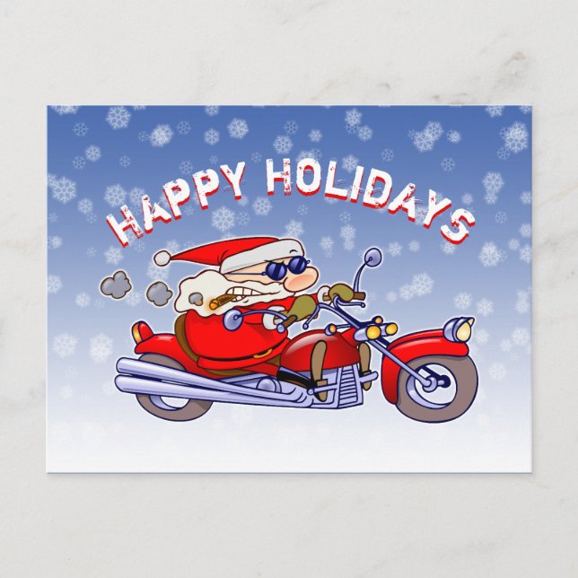 Funny Biker Santa Claus Holiday Greetings Postcard (Front)