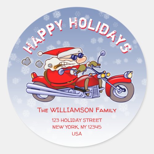 Funny Biker Santa Claus Holiday Return Address Classic Round Sticker