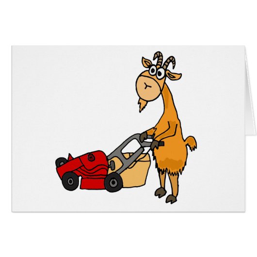 Funny Billy Goat Pushing Lawn Mower Cartoon (Front Horizontal)