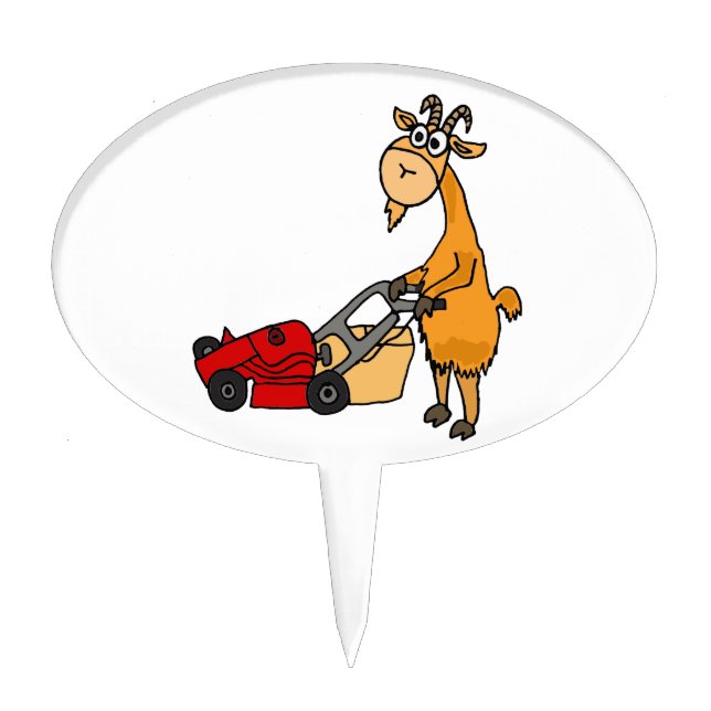 Funny Billy Goat Pushing Lawn Mower Cartoon Cake Topper (Front)