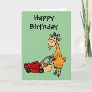 Funny Billy Goat Pushing Lawn Mower Cartoon Card