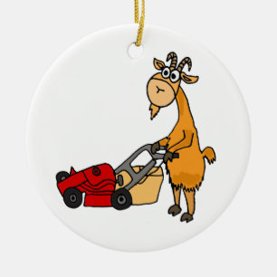 Funny Billy Goat Pushing Lawn Mower Cartoon Ceramic Ornament