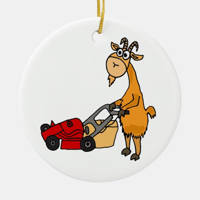 Funny Billy Goat Pushing Lawn Mower Cartoon Ceramic Ornament (Front)