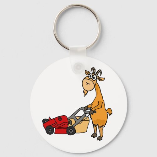 Funny Billy Goat Pushing Lawn Mower Cartoon Keychain